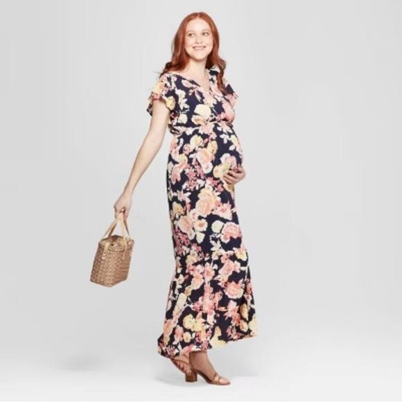 NWOT INGRID & ISABEL Dress XXL Maternity Floral Tiered Flutter-Short-Sleeve Maxi - Picture 1 of 11